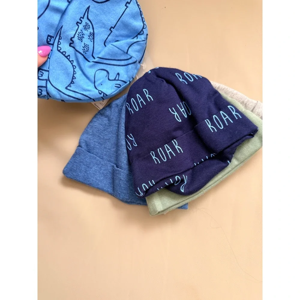 Gerber Baby Boy‎ 5 Pack Dinosaur Caps Beanies Blue Grey Green 0-6M New